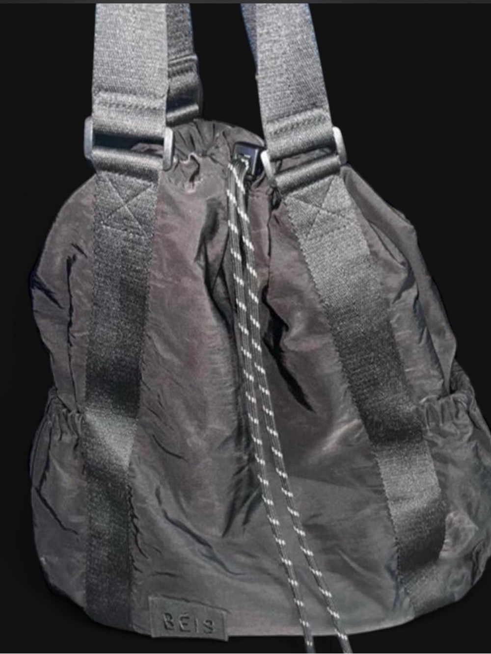 BEIS Black Drawstring Nylon Tote with Webbing Straps